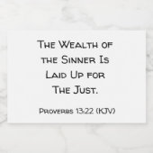 De rijkdom van de Sinner is voor de rechtvaardige. Voedselcontainer Etiket (Enkel label)