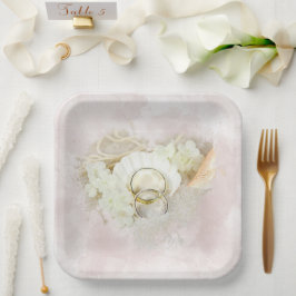 De Rings van het huwelijk in Seashell en Zand Hear Papieren Bordje