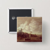 De rivier- en stadscène vierkante button 5,1 cm (Voorkant /achterkant)