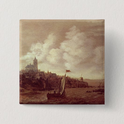 De rivier- en stadscène vierkante button 5,1 cm (Voorkant)