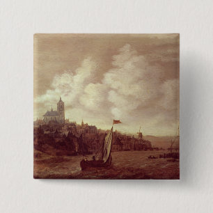De rivier- en stadscène vierkante button 5,1 cm