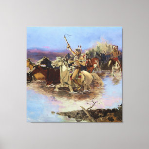 “De rivier oversteken” door Charles M Russell Canvas Afdruk