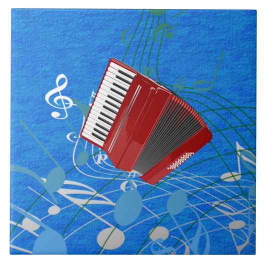 De rode accordeon, blauwe muziek design tegeltje (Voorkant)