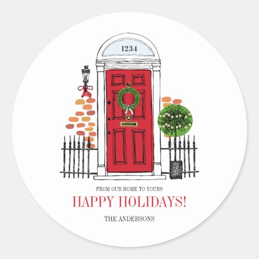 De rode kerstdeur voor feestdagen ronde sticker (Voorkant)