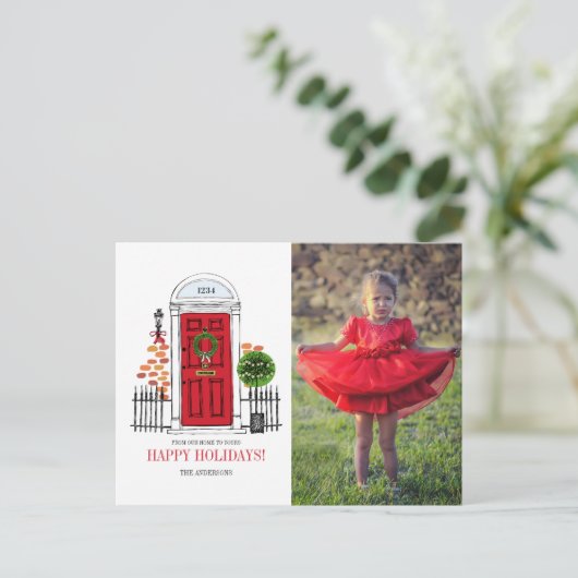 De rode kerstdeur voor kerstmis Foto Briefkaart (Staand voorkant)