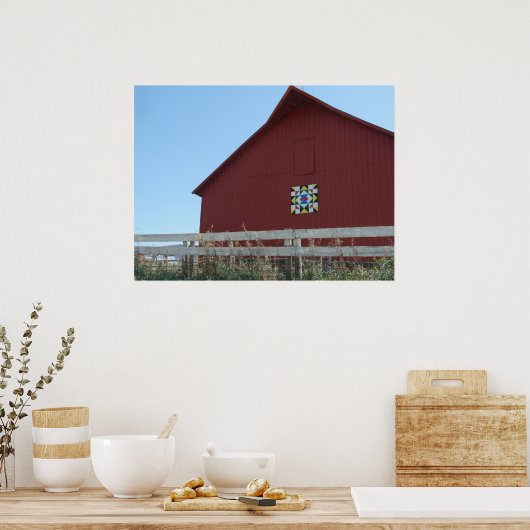 De rode muur met de Barn Quilt Poster (Keuken)