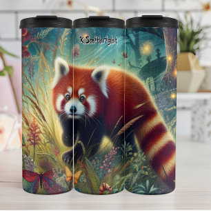 De rode panda in een magische weide thermosbeker