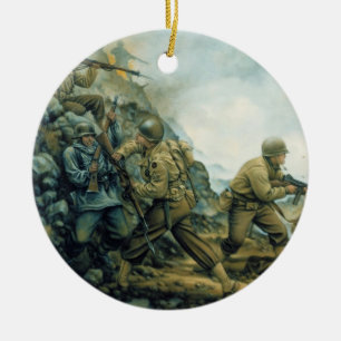 De rode stier in de winter door Donna Neary Keramisch Ornament