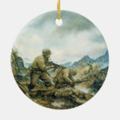 De rode stier in de winter door Donna Neary Keramisch Ornament (Achterkant)