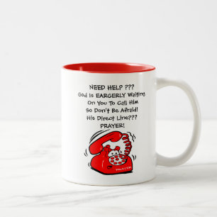De Rode Telefoon-God wacht op ons om te bellen Tweekleurige Koffiemok
