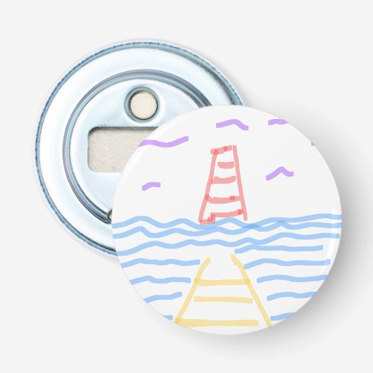 De rode vuurtoren en de gele pier button flesopener (Voorkant)