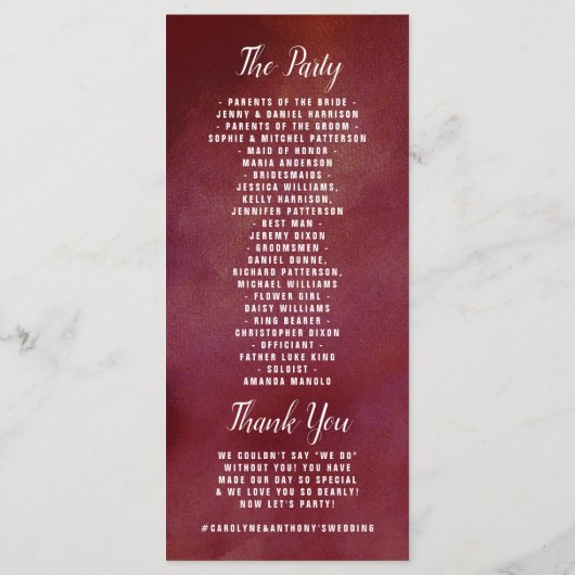 De Romance in het Collectie Bloom Wedding Programmakaart (Achterkant)