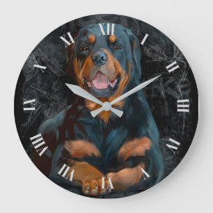 De rottweiler ligt op de 	 verdiepingsklok grote klok