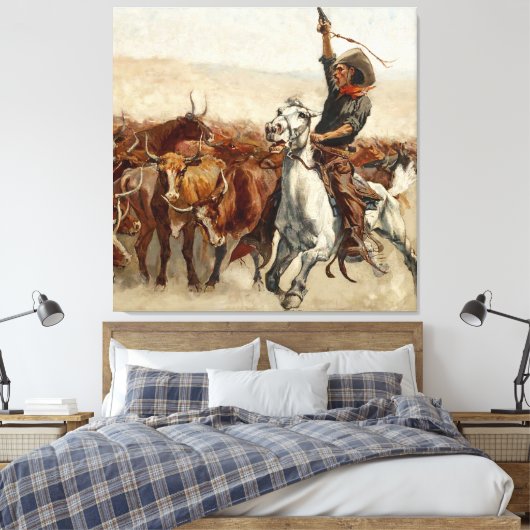 De Roundup Westerne kunst van Frederic Remington Canvas Afdruk (Insitu (Slaapkamer))