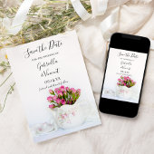 De roze bloemen in het Tapot huwelijk sparen de Da Save The Date