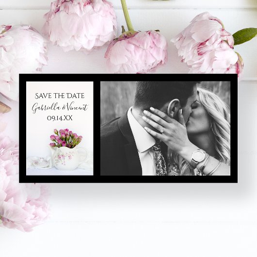 De roze bloemen in het Tapot huwelijk sparen de Da Save The Date