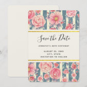 De roze Bloemen van de Waterverf op Stripes sparen Save The Date (Voorkant / Achterkant)