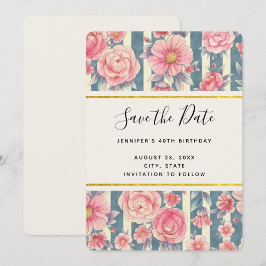 De roze Bloemen van de Waterverf op Stripes sparen Save The Date (Voorkant / Achterkant)