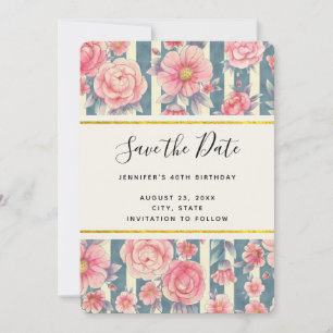 De roze Bloemen van de Waterverf op Stripes sparen Save The Date