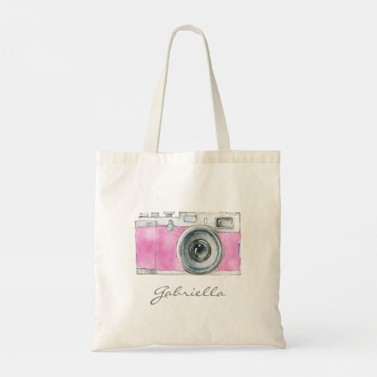 De Roze Camera van de Waterverf van de Retro Perso Tote Bag (Achterkant)