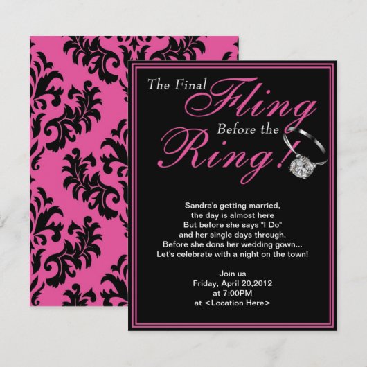 De roze finale uitnodiging van de Fling Bacheloret (Voorkant / Achterkant)