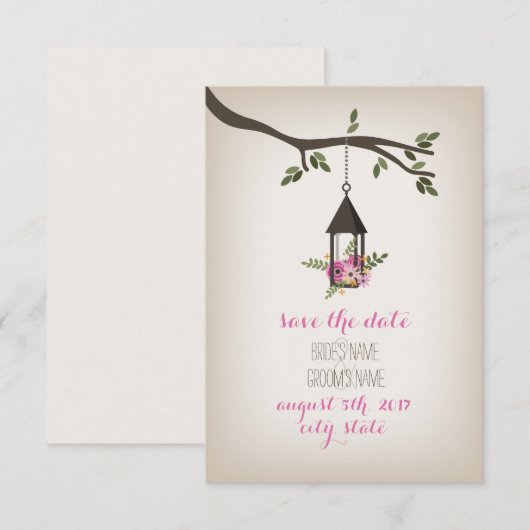 De roze Floral LantaarnBoom sparen de Datum Save The Date (Voorkant / Achterkant)