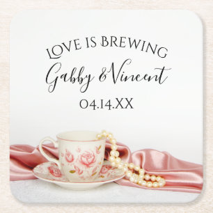 De roze Floral Tea Cup Pearls Wedding Love Breelt Kartonnen Onderzetters