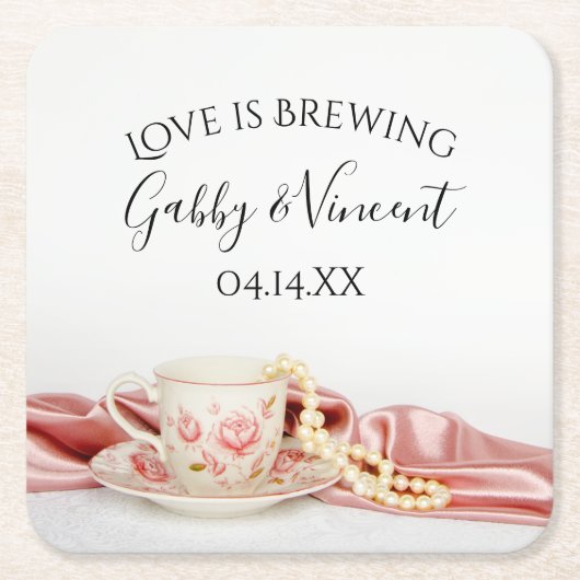 De roze Floral Tea Cup Pearls Wedding Love Breelt Kartonnen Onderzetters (Voorkant)