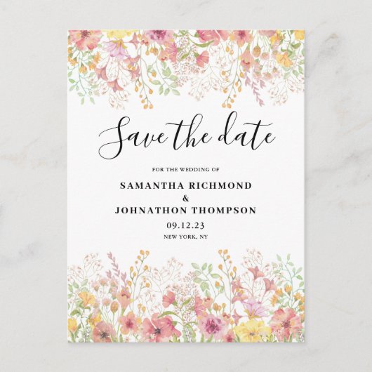 De roze Floral Waterverf sparen de Datum Aankondigingskaart (Voorkant)