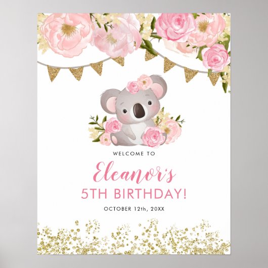 De roze Floral Wreath Koala Kind Birthday Welkom Poster (Voorkant)