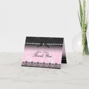 De roze Fonkeling & het Zwarte Kant Sweet16 danken Bedankkaart