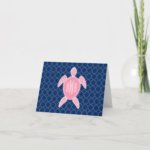 De Roze Schildpad met monogram Blauwe Quatrefoil Notitiekaartje