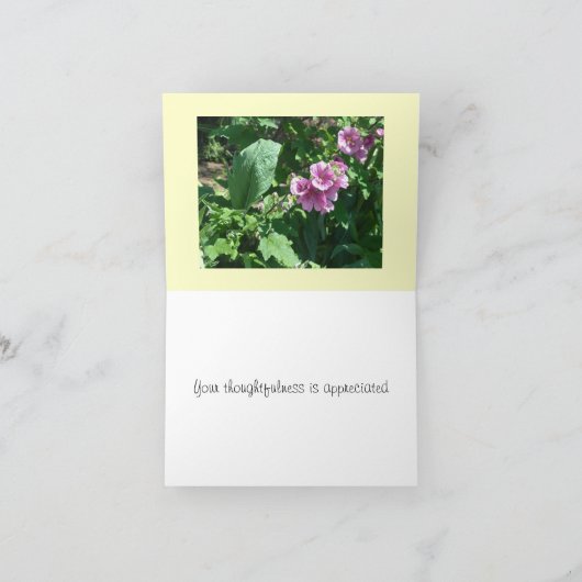 De roze Stokrozen danken u Bedankkaart (Binnen)