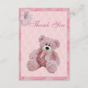 De roze Teddybeer & de Bloemen danken u Baby Bedankkaart