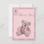 De roze Teddybeer & de Bloemen danken u Baby Bedankkaart (Voorkant)