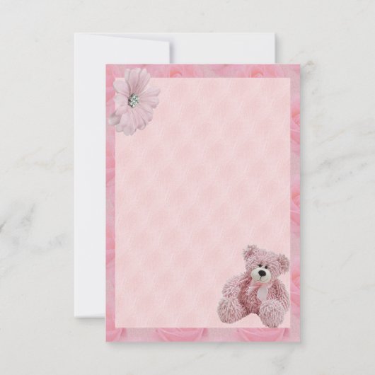 De roze Teddybeer & de Bloemen danken u Baby Bedankkaart (Achterkant)
