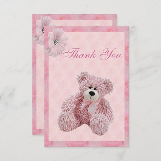 De roze Teddybeer & de Bloemen danken u Baby Bedankkaart (Voorkant / Achterkant)