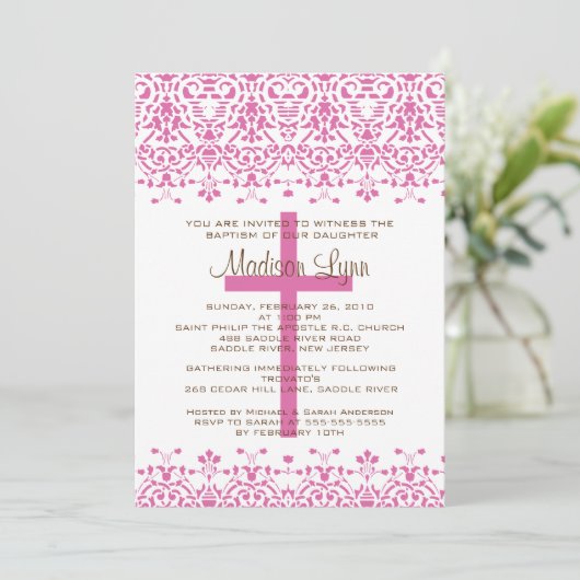 De roze Uitnodiging van het Doopsel van het Damast (Staand voorkant)