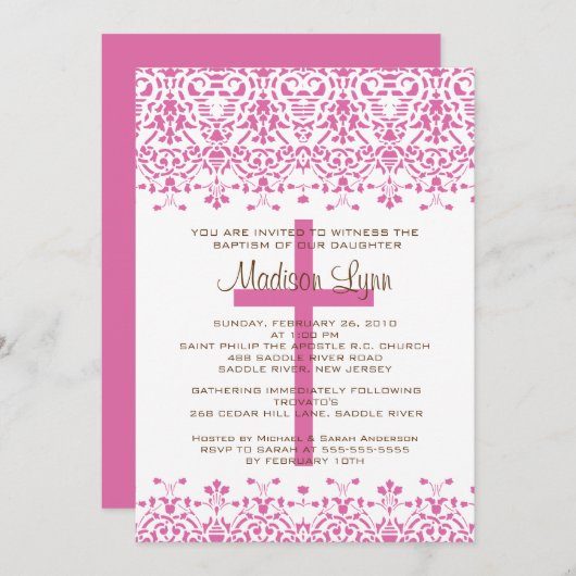 De roze Uitnodiging van het Doopsel van het Damast (Voorkant / Achterkant)