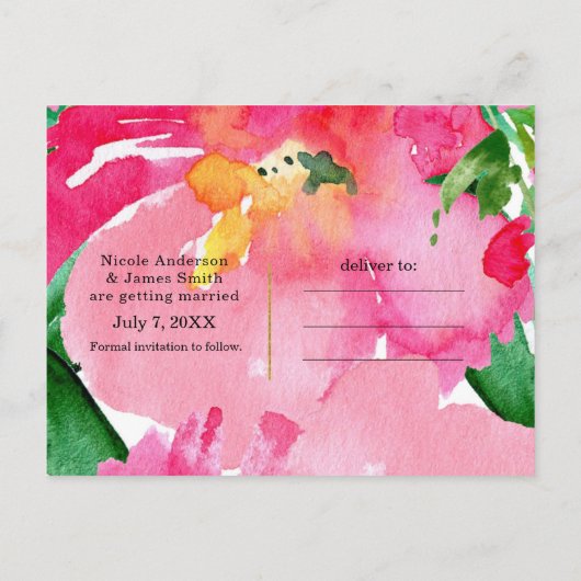 De roze Waterverf bloemen zomer sparen de Datum Aankondigingskaart (Achterkant)