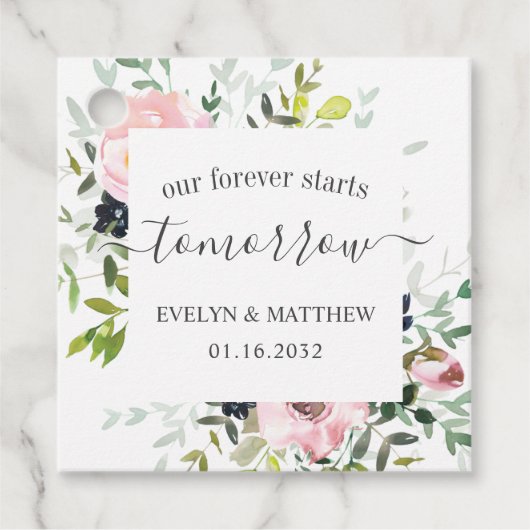De roze Waterverf Floral Forever begint morgen Bedankjes Labels (Voorkant)
