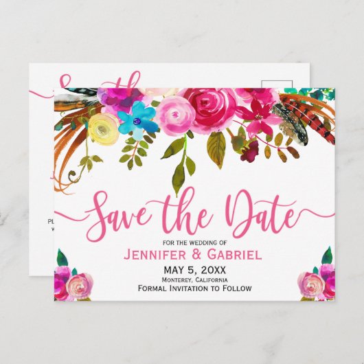 De roze Waterverf Floral Typografie sparen de Datu Aankondigingskaart (Voorkant / Achterkant)