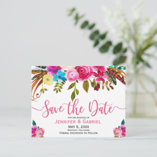 De roze Waterverf Floral Typografie sparen de Datu Aankondigingskaart (Staand voorkant)