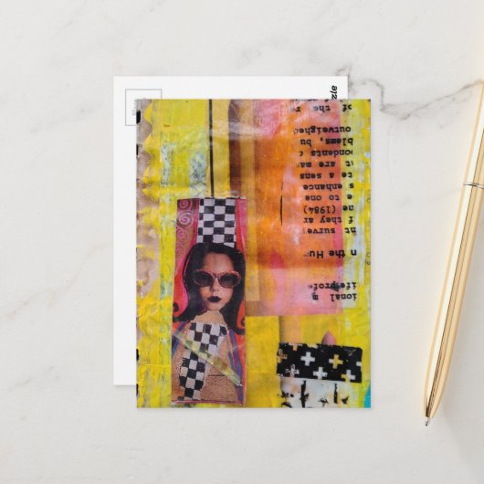 De Roze Zoete Behandeling op Gele Mixed Media Coll Briefkaart (Voorkant / Achterkant in situ)