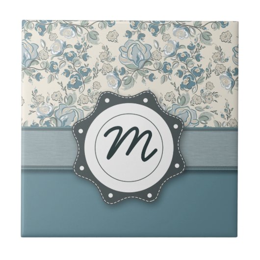 De Rozen van het blauw en van de Room met Monogram Tegeltje (Voorkant)