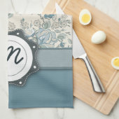 De Rozen van het blauw en van de Room met Monogram Theedoek (Quarter Fold)