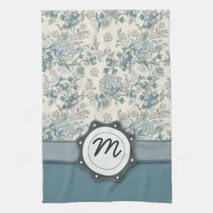 De Rozen van het blauw en van de Room met Monogram Theedoek