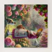 De rozentuin van oma met lapjeskat en bloemenscène legpuzzel (Horizontaal)
