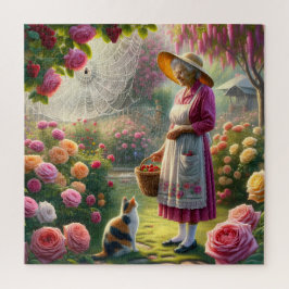 De rozentuin van oma met lapjeskat en bloemenscène legpuzzel