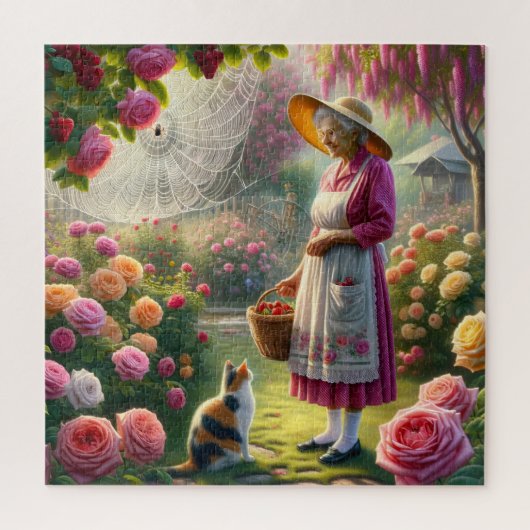De rozentuin van oma met lapjeskat en bloemenscène legpuzzel (Verticaal)